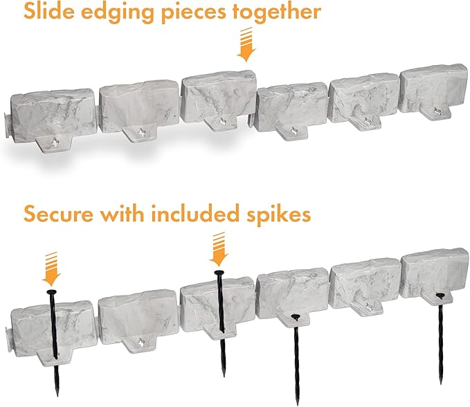 EasyFlex No-Dig Landscape Edging with Anchoring Spikes, 2.7 in. Tall Decorative Stone-Look Garden Border, 15 Foot Kit, Light Gray (3602G-15C)