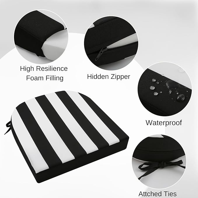 idee-home Outdoor Chair Cushions Set of 2, Thick 19" x 19" x 2" Outdoor Seat Cushions Patio Furniture Waterproof with Ties, Dining Pads