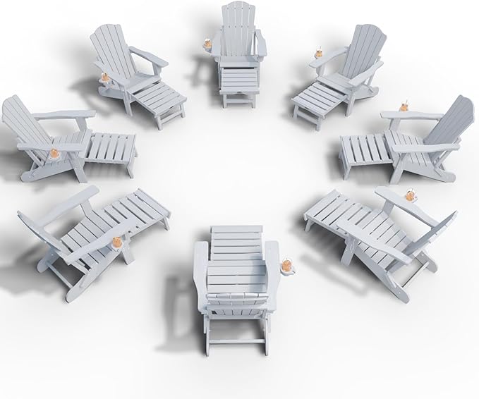 Folding Adjustable Adirondack Chairs with Ottoman & 1 Cup Holders Set of 8, HDEP Multifunctional Adirondack Chair with Footrest,White