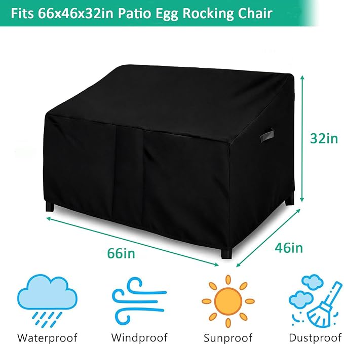Outdoor Patio Egg Rocking Chair Cover - Waterproof, Fits Indoor Papasan Chair & Rattan Wicker Lounge Chairs for 2 Person (Black, 66x46x32in)