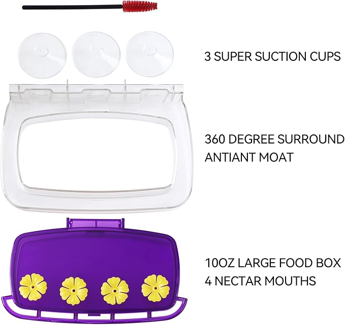 2 Pack Window Hummingbird Feeder with Strong Suction Cup, Plastic Hummingbird Feeders for Outdoors, Built-in Moat,Easy to Clean and Refil (10oz) (2, Purple)