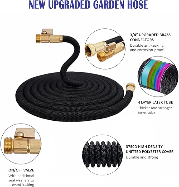J&B XpandaHose 50ft Expandable Garden Hose- Heavy Duty Superior Strength 3750D - 4 -Layer Latex Core - Extra Strong Brass Connectors and Storage Bag (Black 50)