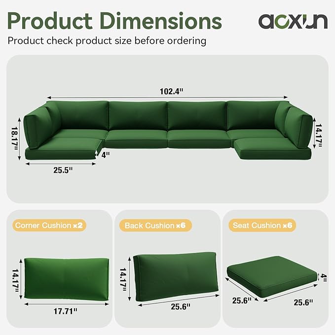 Aoxun Replacement Cushions for Outdoor Furniture, 14-Piece Outdoor Cushions for Patio Furniture, Deep Seat, Waterproof & Fade Resistant Couch Cushion for 6-Seat Patio Conversation Sets, Dark Green