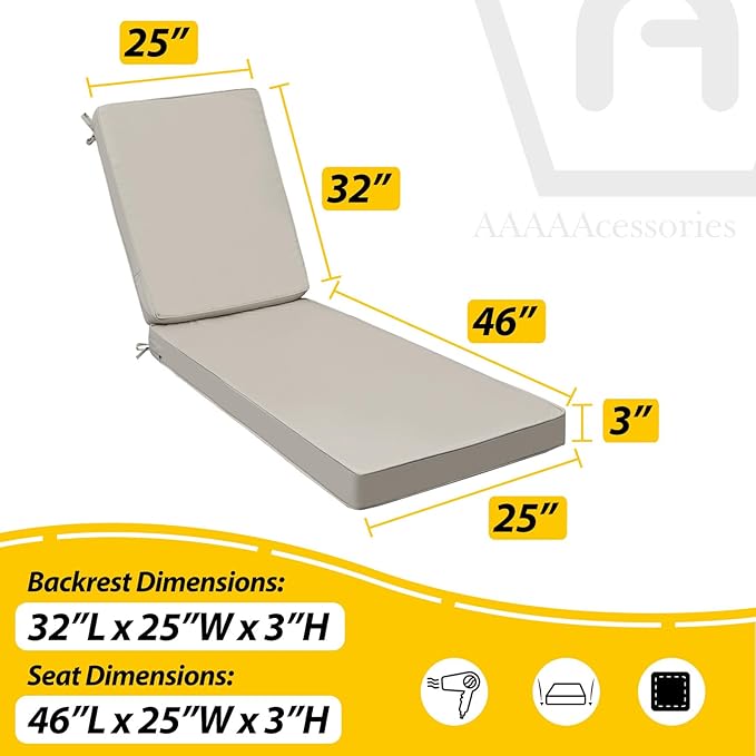 AAAAAcessories Outdoor Chaise Lounge Cushions, Fade-Resistant, Waterproof Patio Furniture Replacement Cushions, 78" x 25" x 3", Beige
