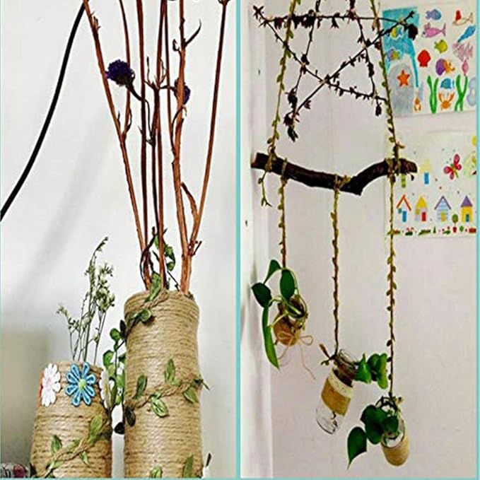 33 Feet Natural Burlap Ribbon,5MMjute Twine withArtificial Vine Fake Foliage Leaf Plant Garland Rustic Jungle Vines with Twine for Baby Shower Wreath Wedding Home Decor