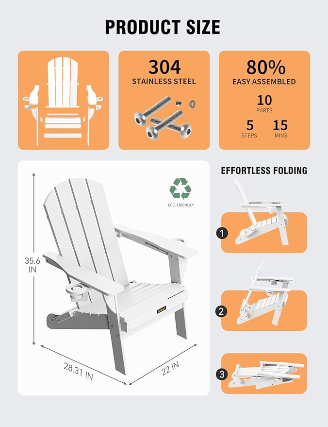 Folding Adirondack Chair, Wooden Textured Plastic Adirondack Chairs with 2 Cup Holder, Weather Resistant HDPE Fire Pit Chair, Outdoor Patio Chairs for Garden, Backyard, Lawn, Deck, 380LBS, White