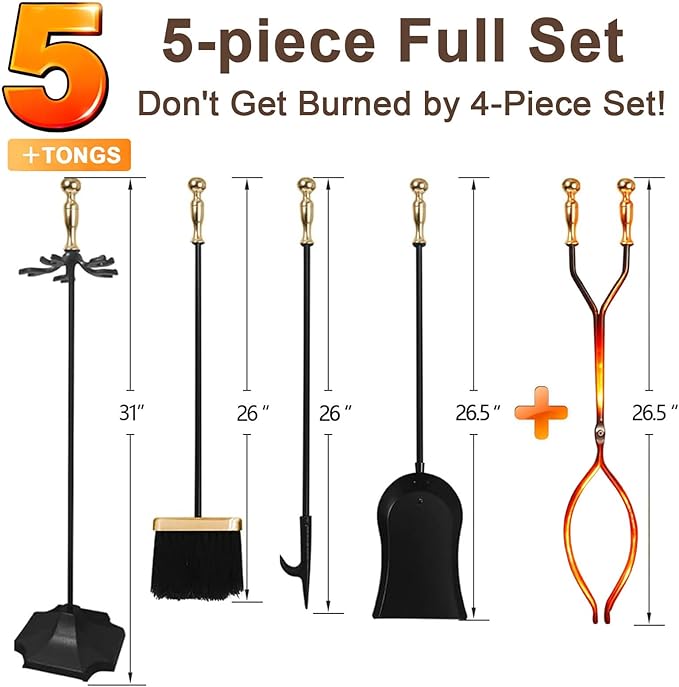 AMAGABELI GARDEN & HOME Fireplace Tools Set 5 Pieces Log Gold Handle Wrought Iron Fire Set with Stand Holder Fireset Fire Pit Indoor Outdoor Tongs Shovel Brush Poker Wood Stove Hearth Accessories