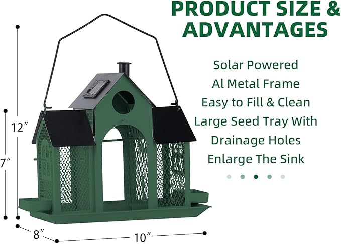 Solar Bird Feeder House for Outside Hanging, Large Capacity Birdhouse Bird Feeders Hanging for Outdoors, Metal Mesh Wild Birdfeeder for Finch Cardinal (Green and Black)