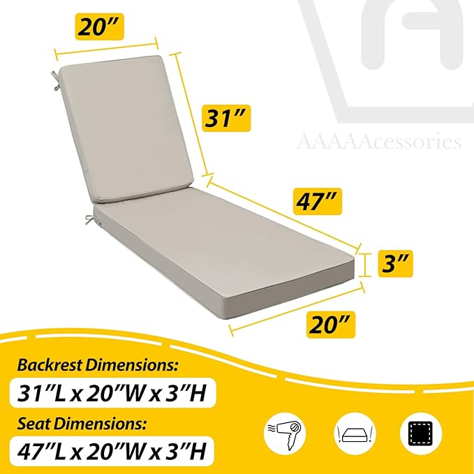 AAAAAcessories Outdoor Chaise Lounge Cushions, Fade-Resistant, Waterproof Patio Furniture Replacement Cushions, 78" x 20" x 3", Beige