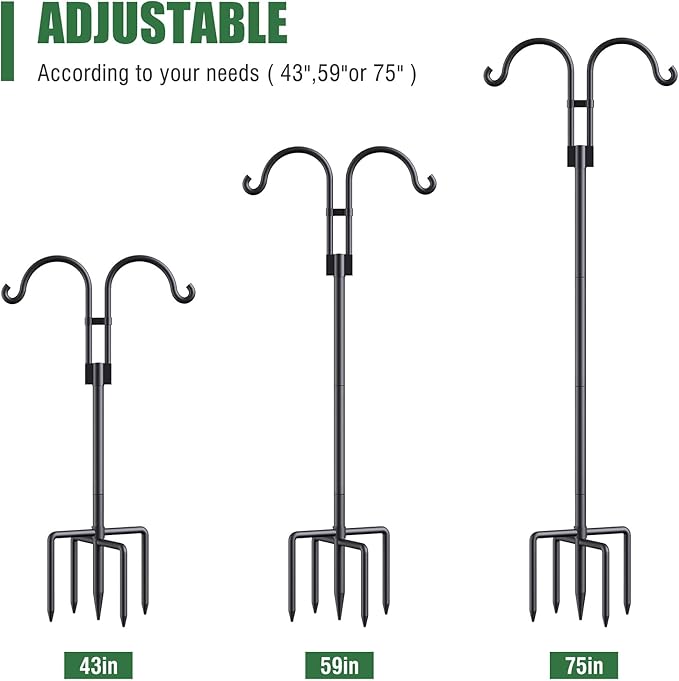 Relx Bird Feeder Pole - Adjustable Double Shepherds Hooks for Bird Feeder with 5 Prong Base - 76 Inch Heavy Duty Shepherds Hooks for Outdoor for Outside for Hanging Garden Plant,Solar Light Lanterns