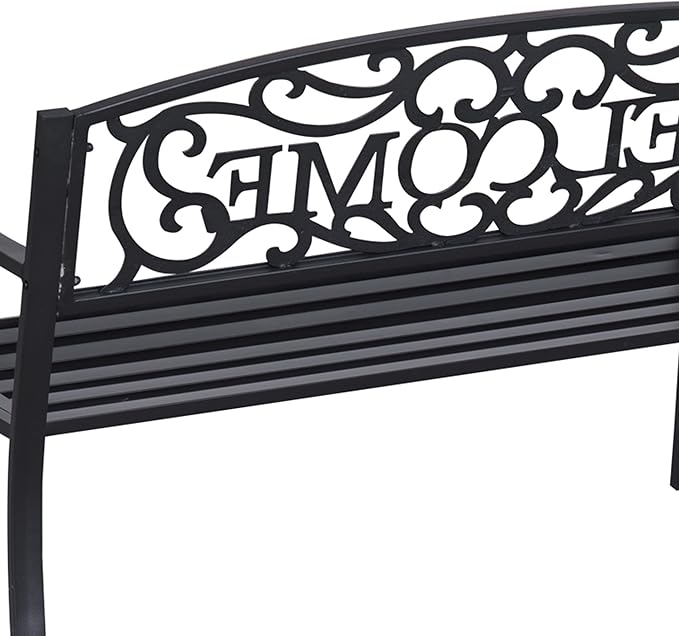 Outsunny 50" Outdoor Metal Welcome Bench, Garden Bench with Slatted Seat, Patio Bench for Park, Porch, Yard, Entryway, Black