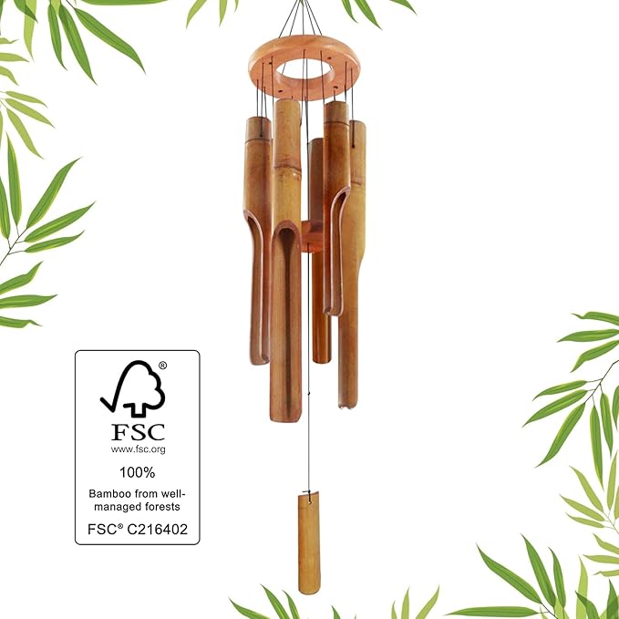 Bamboo Wind Chimes for Outside,Wooden Wind Chimes with Melody Soothing Tone,32" Classic Zen Bamboo Windchime for Porch Patio Garden or Indoor(Dark Brown)(FSC Certified)