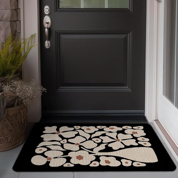 Boho Beige and Black Floral Door Mat - Bohemian Neutral Floral Front Door Welcome Mats Outdoor Entrance, 17x30 Rug