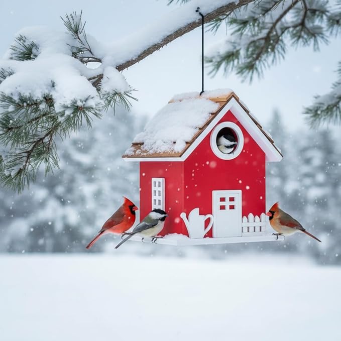 Vinyl Water Proof Bird House for Outside, Shingle Roof Bluebird House Nesting Box, Squirrel Proof Hanging Birdhouse, 5 Years Weatherable for Outdoor Decoration,Bird Box for Pole (Red)