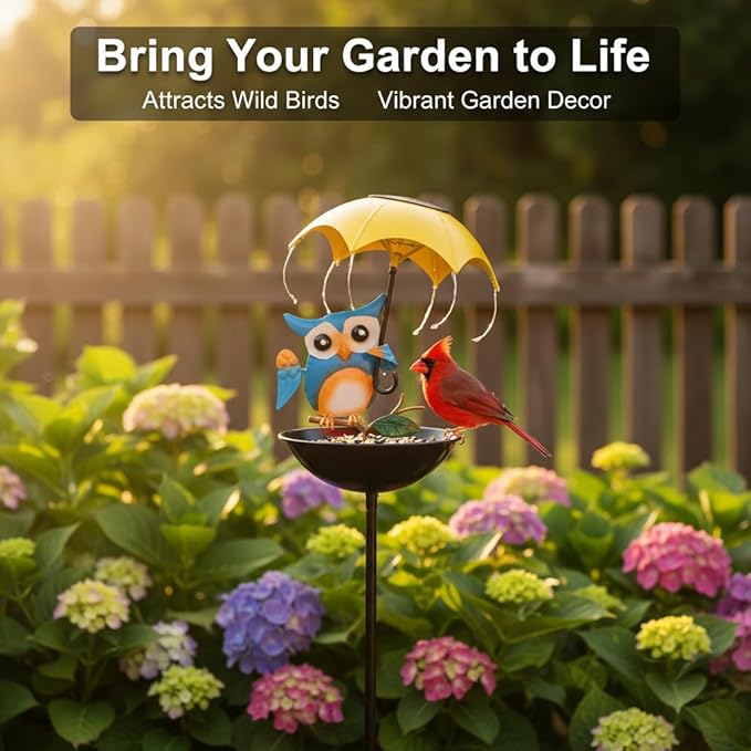 Solar Bird Feeders for Outdoors, Owl Garden Decor with LED Lights - Decorative Wildbird Cardinals Hummingbirds Feeders, Spring-Ready Yard Path Lawn Omaments, Garden Gifts for Women Mom