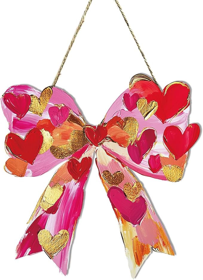 Valentines Day Wall Decor, Valentines Day Door Decorations, Gift for Boyfriend Girlfriend, Romantic Pink Heart Bow Brushstroke Wood Hanging Sign Anniversary Porch Home Office Door Decor