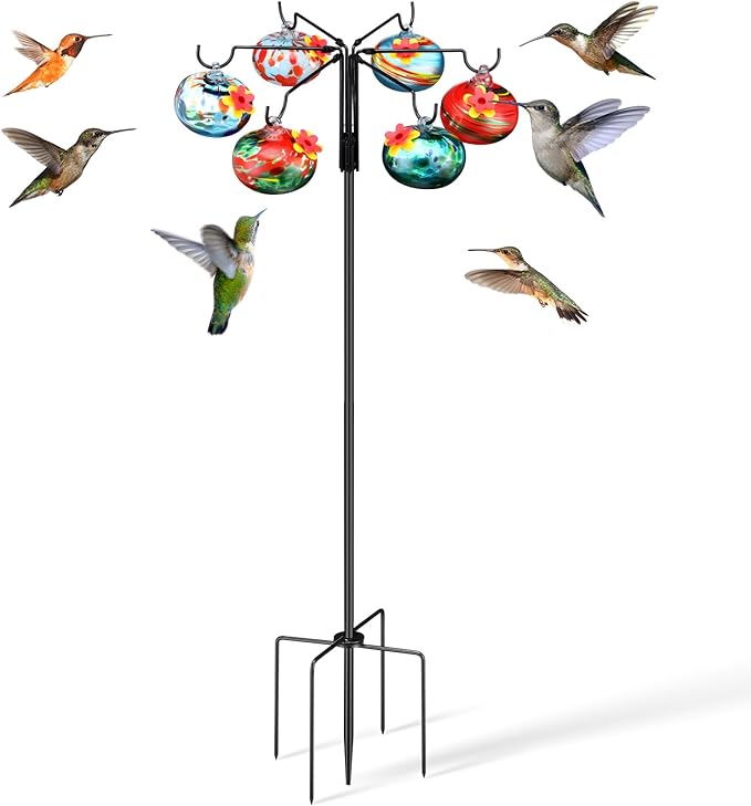 Chunful Hummingbird Feeders for Outdoors Hanging (6 Feeding Stations) Hand Blow Glass Hummingbird Feeder with Shepherd Hook and Adjustable Hight Bird Feeder for Outside, Home Garden Yard, Never Leak