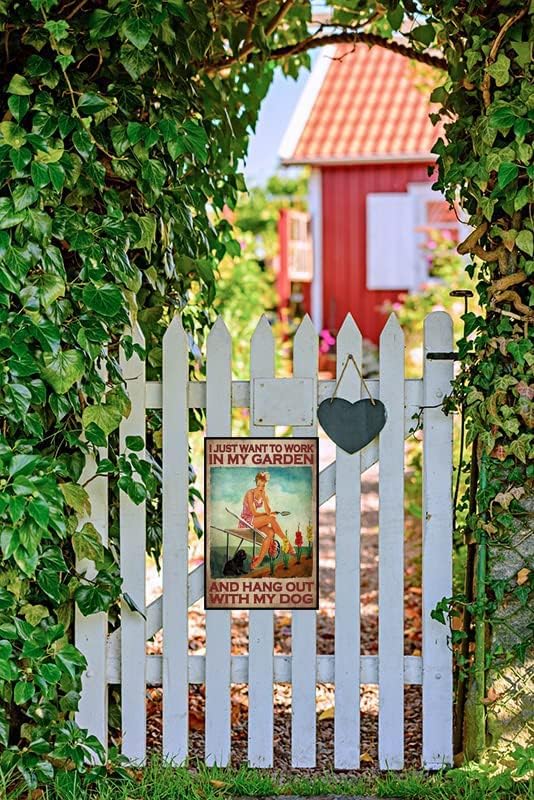 Cusde Vintage Metal Tin Sign I Just Want to Work in My Garden and Hang Out with My Dog Lady Girl Posters Gardening Flowers Wall Art Black Dog Retro Farmhouse Home House Yard Plaques 8x12 Inch