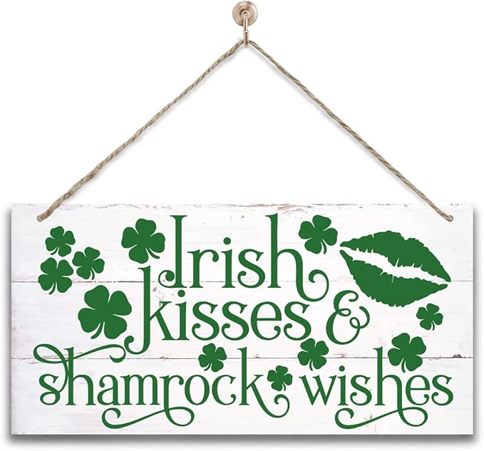 Funny St. Patrick's Day Wood Art, Irish Kisses & Shamrock Wishes Printed Wall Art, Home Sign, Hanging Door Decor
