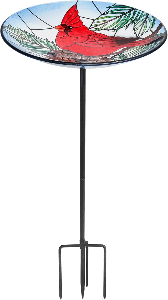 Bird Baths for Outdoors, Glass Birdbaths Outdoor Garden Birdfeeder with Metal Stake for Lawn Yard Decor, 24 Inch Height, Cardinal