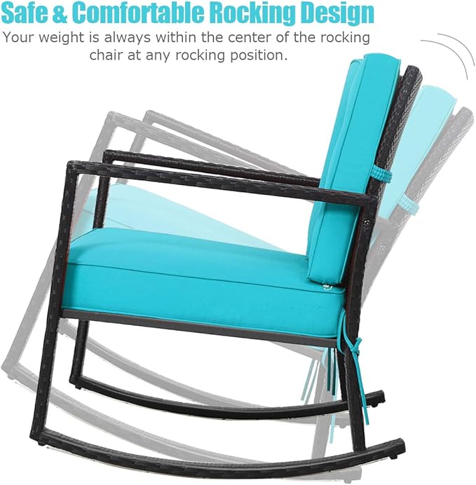 Tangkula Wicker Rocking Chair, Outdoor Glider Rattan Rocker Chair with Heavy-Duty Steel Frame, Patio Wicker Furniture Seat with 5” Thick Cushion for Garden, Porch, Backyard, Poolside (2, Turquoise)