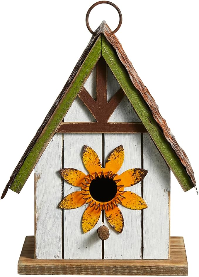 Glitzhome Bird Houses for Outside, Blue Bird Houses for Outdoors, 8.25" H Solid Wood Decorative Hanging Bird House Distressed Cottage Outdoor Garden Birdhouse with 3D Metal Roof and Flower