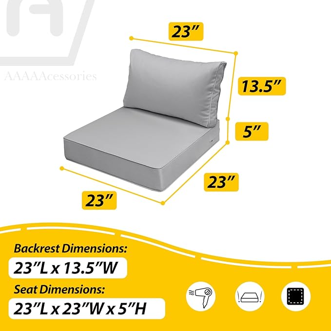 AAAAAcessories Outdoor Seat Cushions for Chairs, Fade-Resistant, Waterproof Patio Furniture Replacement Cushions, 23" x 23" x 5" + 23" x 13.5", Set of 4, Gray