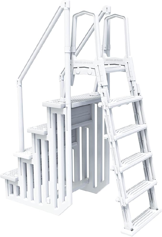 HYDROTOOLS By SWIMLINE 87945 Premium Resin In-Pool Step & Ladder Entry Exit Combo With Handrails For Above Ground Pools | 48 To 54 Inch Height | Extra Large Non Slip Treads And Flip Up External Ladder