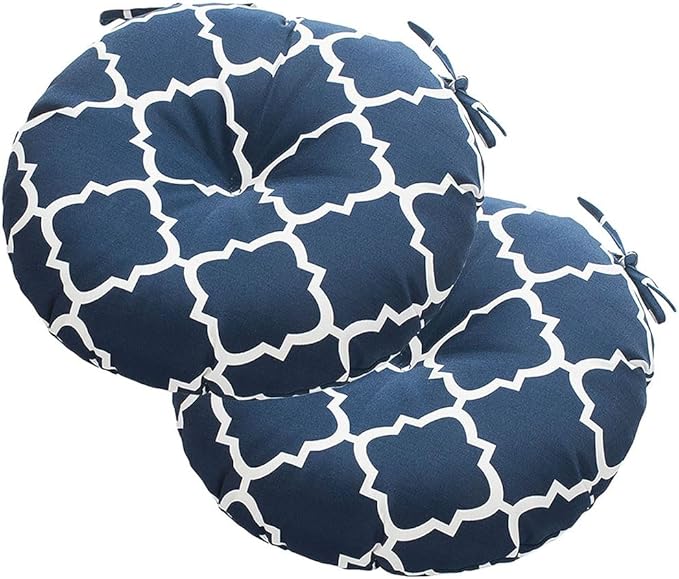 Magpie Fabrics Outdoor Round Bistro Seat Cushions with Ties, 15"x15"x4" Set of 2, Tufted Waterproof Barstool Chair Pads for Patio Home Garden Office, Geomentry Navy