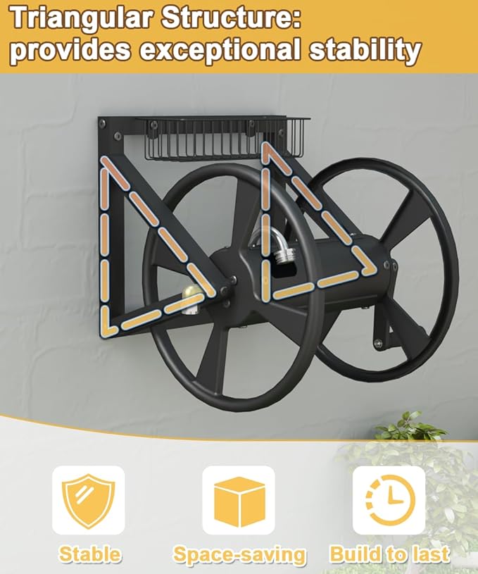 Triangle Wall Mounted Garden Hose Reel, Outdoor Heavy-Duty Water Hoses Holder Winder, Holds 125 Ft of 5/8-Inch Hose, with 3.9 ft Leader Hose, Brass Fitting, Storage Basket for Yard, Black