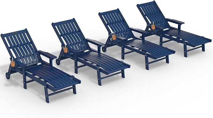 Patio Chaise Lounge Chair Set of 4, Oversized Lounge Chair Outdoor with 5 Positions, HDPE, Patio Lounge Chair with Wheels & Cup Holder for Pool, Deck, Poolside,Navy Blue