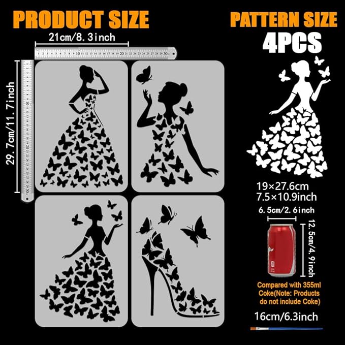 FINGERINSPIRE 4PCS Butterfly Female Painting Stencil with Plastic Brush 8.3x11.7inch Woman Silhouette Drawing Template Butterfly Dress High Heel Stencil Fantasy Theme Template for Painting on Wood