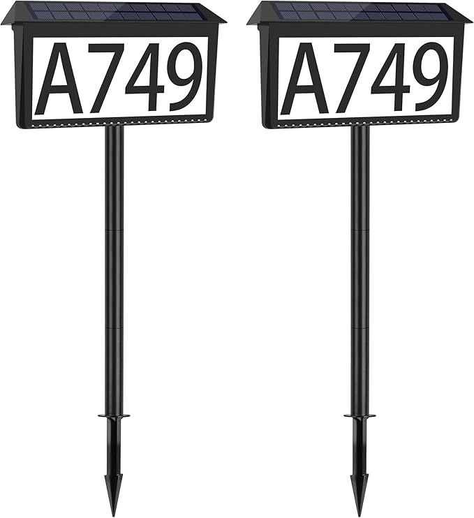 House Numbers for Outside Solar Powered, 2 Pack 3-Color LED Illuminated Solar Address Sign Plaques Waterproof with Stakes, Outdoor Lighted Home Number for Yard Garden Street Mailbox