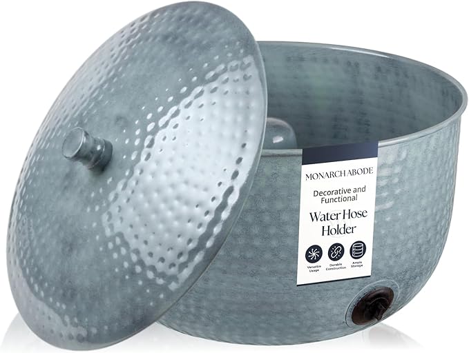 Monarch Abode Garden Hose Holder with Lid – Decorative Water Hose Holders for Outside, Hand Hammered Metal Patina Pot with Drainage, 100ft Waterhose Holder for Outside, Garden Storage Caddy