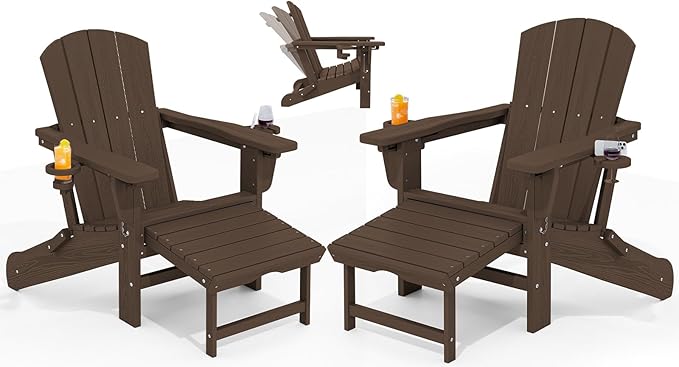 KINGYES Folding Adjustable Adirondack Chair with Ottoman Set of 2, HDPE Adirondack Recliner Chair with Footrest, Coffee