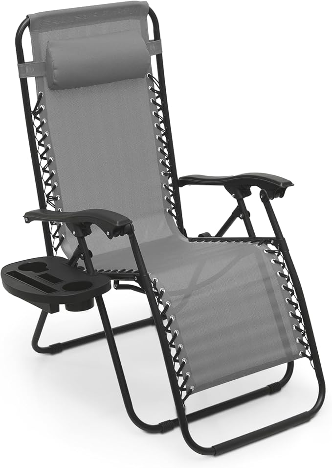 Athena Collection Zero Gravity Chair, Folding Lounge Chair, Reclining Camping Chair, Outdoor Zero Gravity Recliner with Adjustable Pillow and Cup Holder for Outside Beach Garden Patio Poolside - Gray