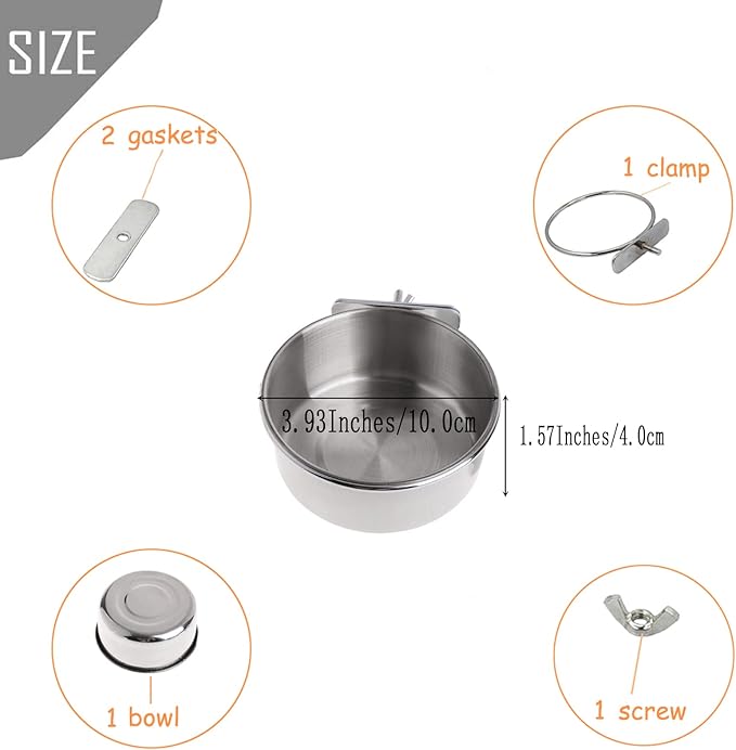 PINVNBY Stainless Steel Food Bowls for Birds,Bird Feeding Dish Cups Parrot Water Feeder Bowl with Clamp Holder Paw Grinding Perches for Budgies Parakeet Macaw Small Animal(5 Pack)