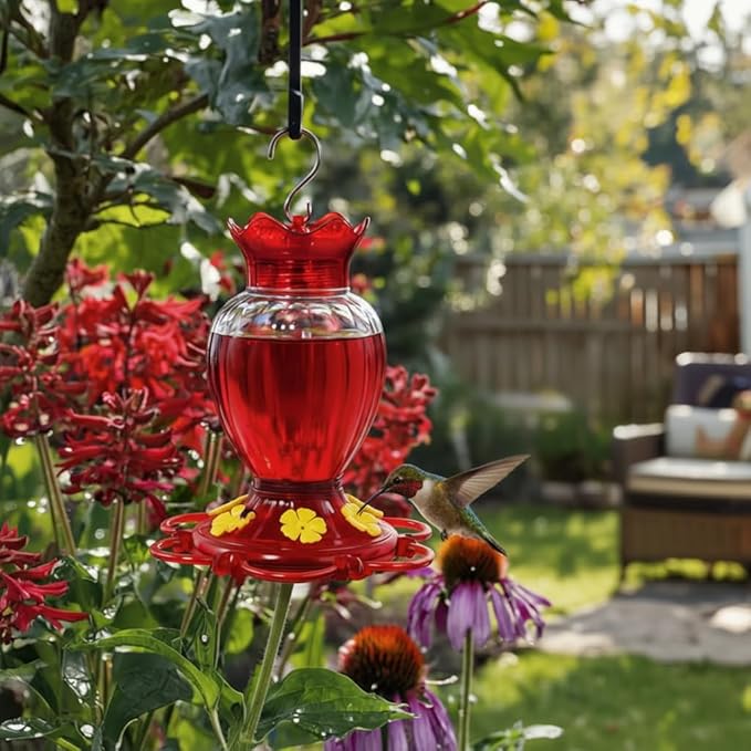 Hummingbird Feeder 20 oz [Set of 2] Plastic Hummingbird Feeders for Outdoors, with Built-in Ant Guard and Bee Proof - 6 Feeding Ports - Wide Mouth for Easy Filling/2 Part Base for Easy Cleaning