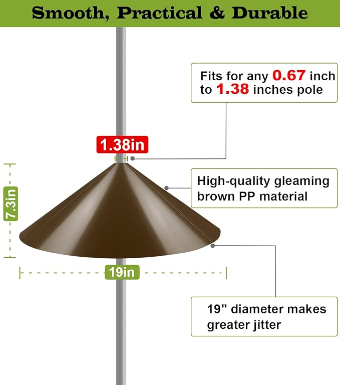 19 Inch Wide Squirrel Baffle for Bird Feeder Pole, Outside Pole Mount Stopper & Bird House Guard for Outdoor Shepherd’s Hook, Brown, 1 Pack