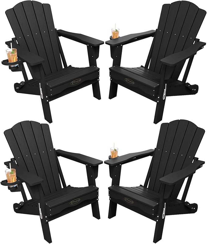 Folding Adirondack Chair Set of 4,HDPE All-Weather Outdoor Chair with Cup Holder,Wooden Textured,Fire Pit Chair,Plastic Patio Chair for Deck,Backyard,Garden,Lawn(Black)