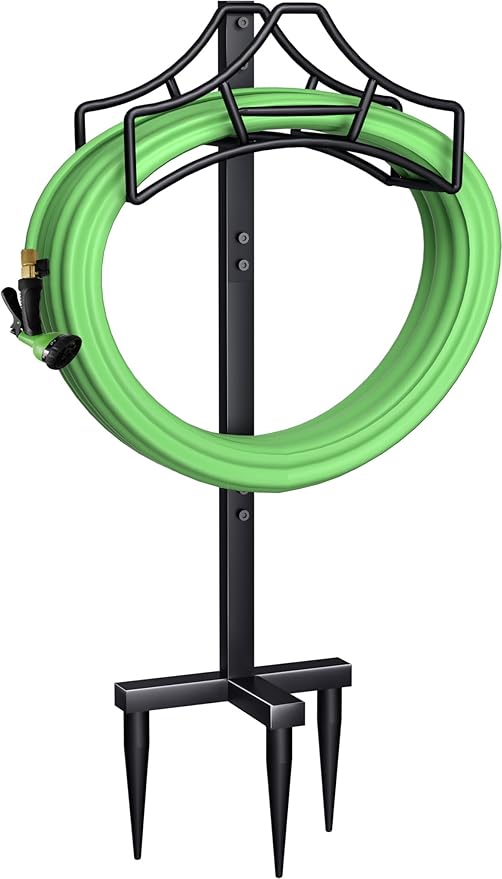 Garbuildman Garden Hose Holder Stand- Outdoor Water Pipe Metal Reel Rack, Shiny Black