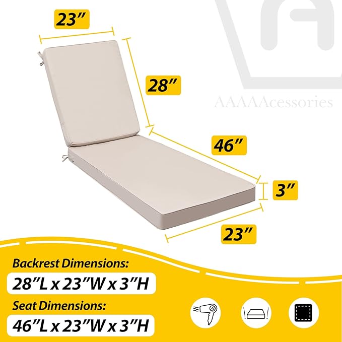 AAAAAcessories Outdoor Chaise Lounge Cushions, Fade-Resistant, Waterproof Patio Furniture Replacement Cushions, 74" x 23" x 3", Set of 2, Sandstone Beige
