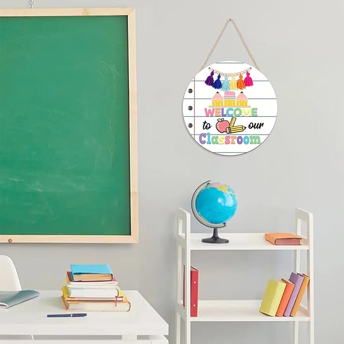 HLNIUC Welcome Wooden Sign(11”x11”) Welcome to Our Classroom Hanging Plaque, Boho Front Door Signs, Pencil Ruler Apple Wall Decor, Colorful Classroom Door Hanger with Beads Tassels for School Nursery