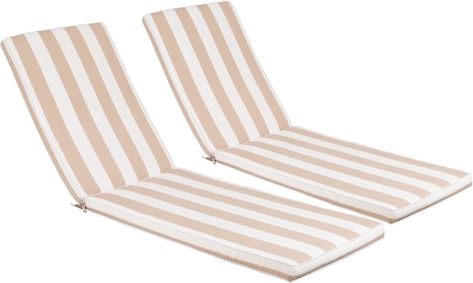 Outdoor Chaise Lounge Chair Cushions 2 Pack, Thick Waterproof Patio Pool Lounge Cushions, Fade Resistant, (Khaki & White Stripe)