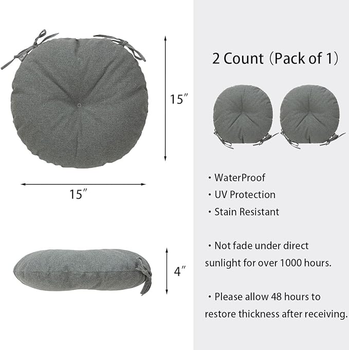 Bistro Chair Cushions 15 inch,Set of 2,Tufted Round Chair Cushions with Ties,15"x15"x4",Water Resistant Round Seat Cushion for Barstool Chairs,Patio Garden Kitchen Outdoor Furniture(Dark Gray)