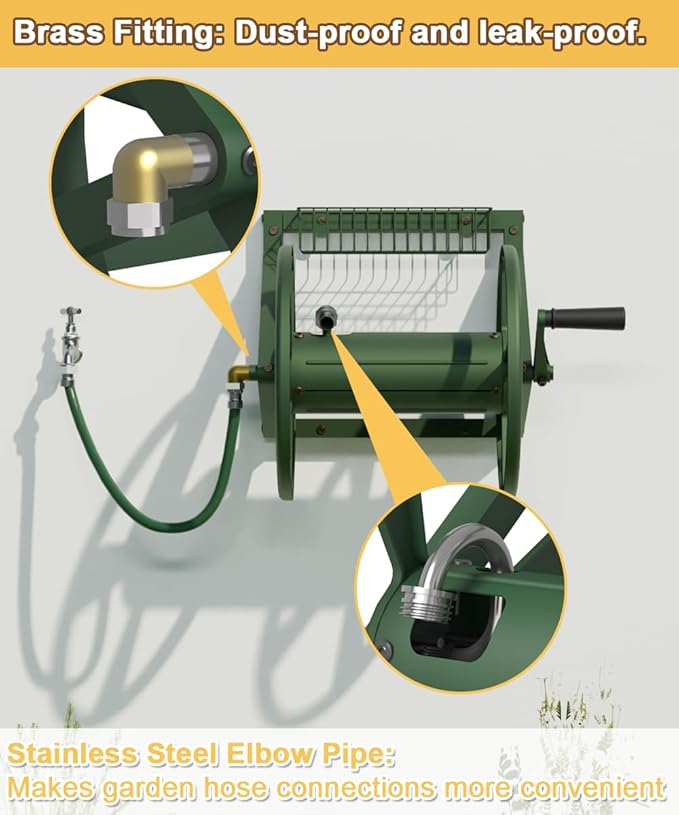 Triangle Wall Mounted Garden Hose Reel, Outdoor Heavy-Duty Water Hoses Holder Winder, Holds 125 Ft of 5/8-Inch Hose, with 3.9 ft Leader Hose, Brass Fitting, Storage Basket for Yard, Green