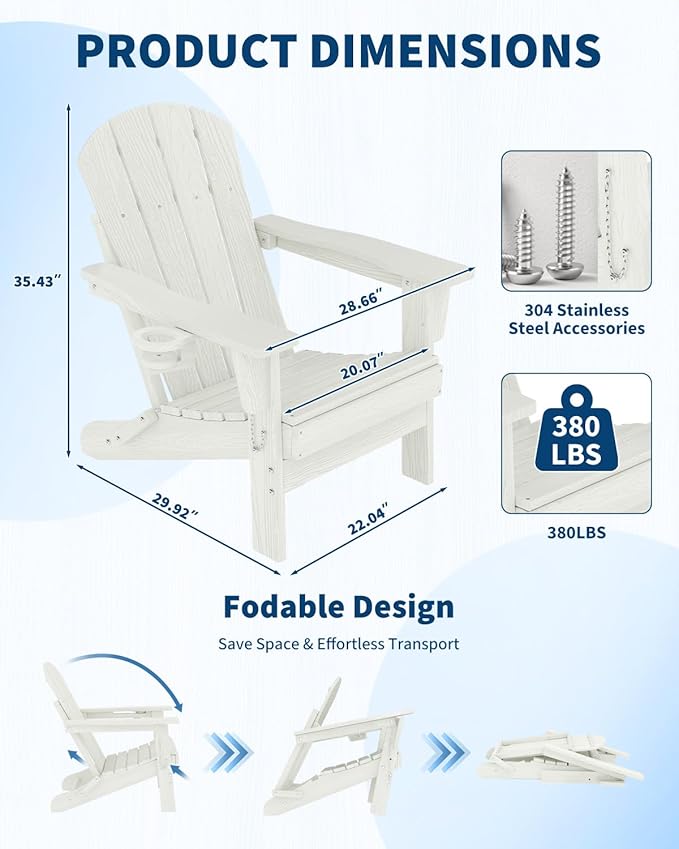 Folding Adirondack Chair Set of 5, All-Weather HDPE Outdoor Chair, Wooden Textured with Cup Holder for patios, Decks, Gardens, fire pits, White