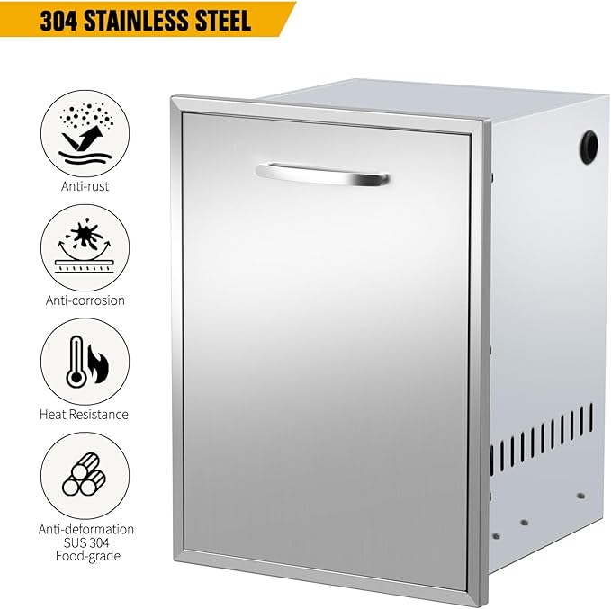 Built-in Single Trash Drawer 17" W x 23" H x 16" D Pull-Out Tray Outdoor Kitchen Stainless Steel Trash Drawer with Handle Storage Trash Bins or Propane Tank for BBQ Island Grill Station