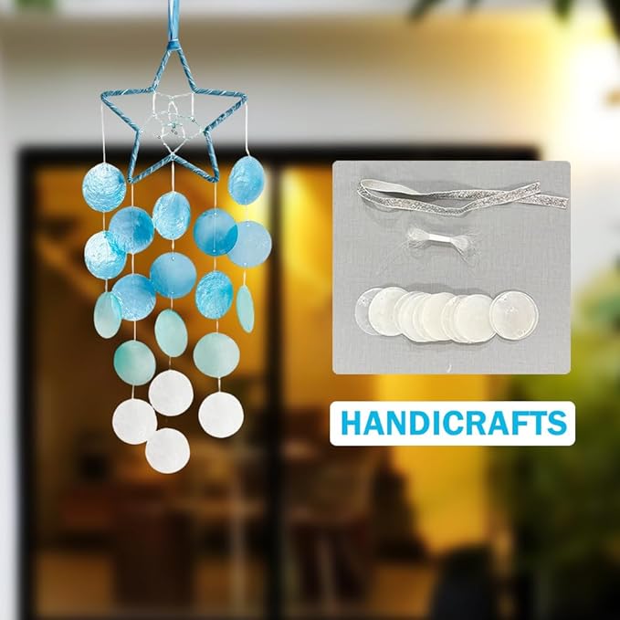 Hanging Wind Chimes for Outside Decoration, Balcony Garden Decor of Star Shaped Capiz Shell Wind Chime, Coastal Style Decor for Indoor Outdoor, Great Gift for Women (White)