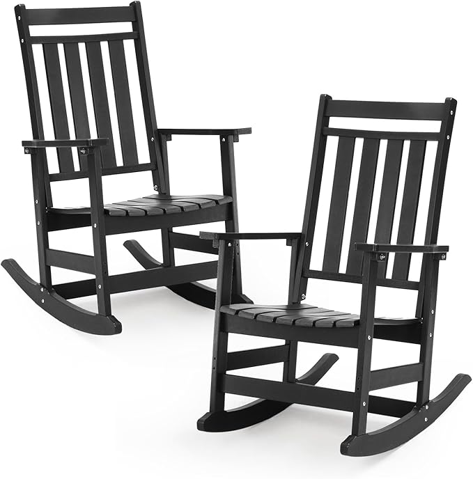 Oversized Outdoor Rocking Chairs Set of 2,All Weather Rocker Chair with More Comfortable Seat Panel for Porch Patio Outside(Black)